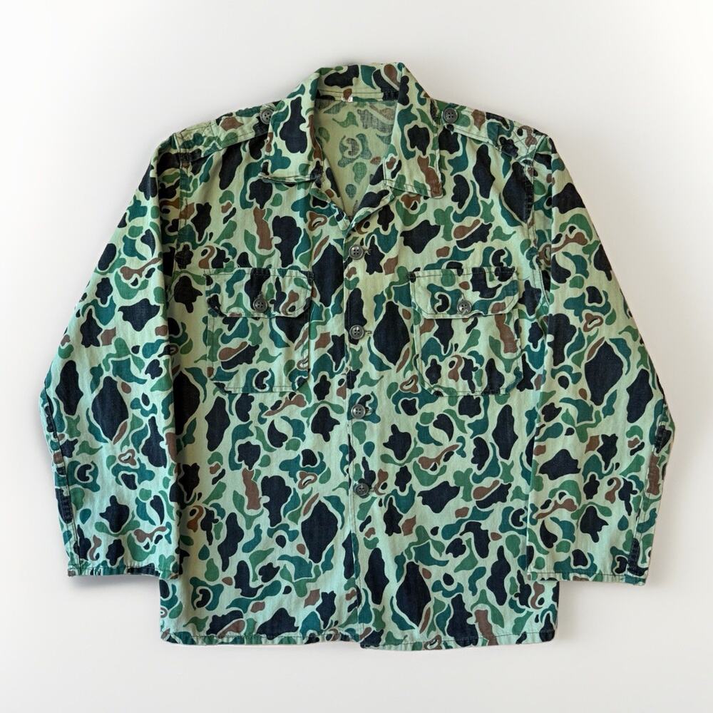 Vintage Korean Military Shirt Small Green Frog Camo Duck Hunter Long Sleeve